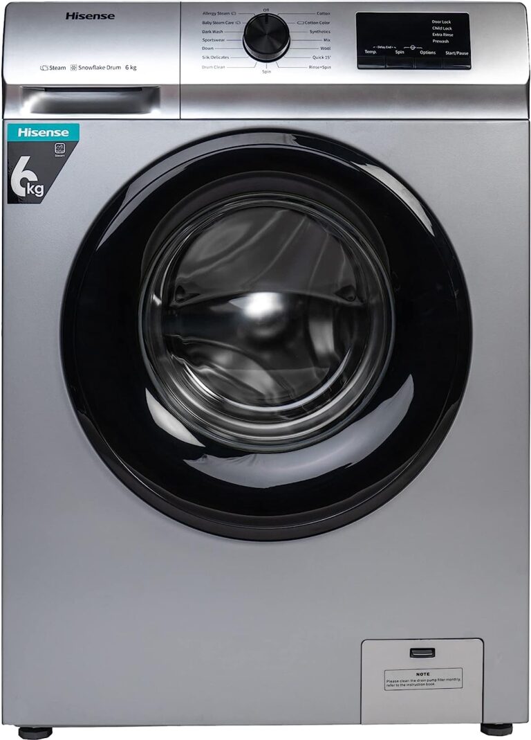 Washing Machine, Hisense, WFVB6010MS, Front Load Washing Machine, Laundry Appliance, Energy Efficient, Stainless Steel Drum, Large Capacity, Energy Star, Adjustable Spin Speed, User-Friendly Interface, Quiet Operation, Multiple Wash Programs, Child Lock, Smart Features