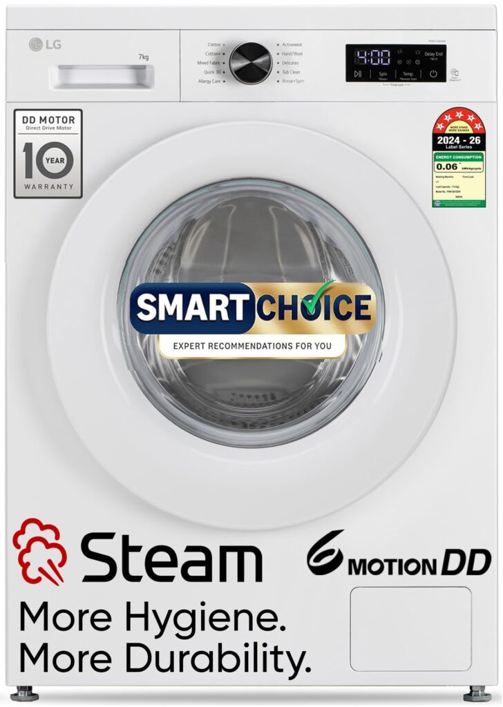 LG Smart Choice, 7 Kg, 5 Star, Steam, Inverter Direct Drive Technology, 6 Motion DD, Fully-Automatic Front Load Washing Machine (FHB1207Z2W, Remove Allergens & Stain, In-Built Heater, Essence White)