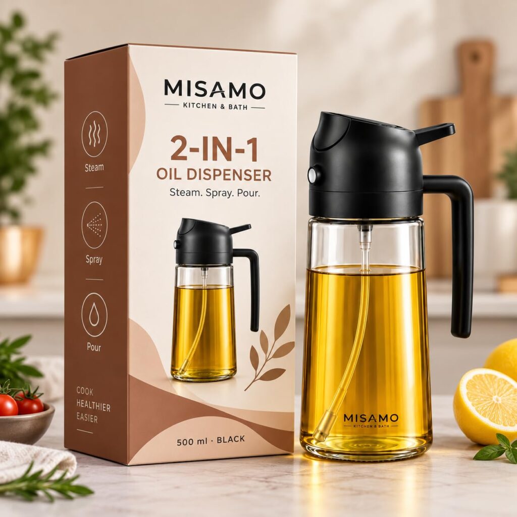 Misamo Enterprise 2-in-1 Oil Sprayer & Dispenser for Kitchen, 500ml, Black